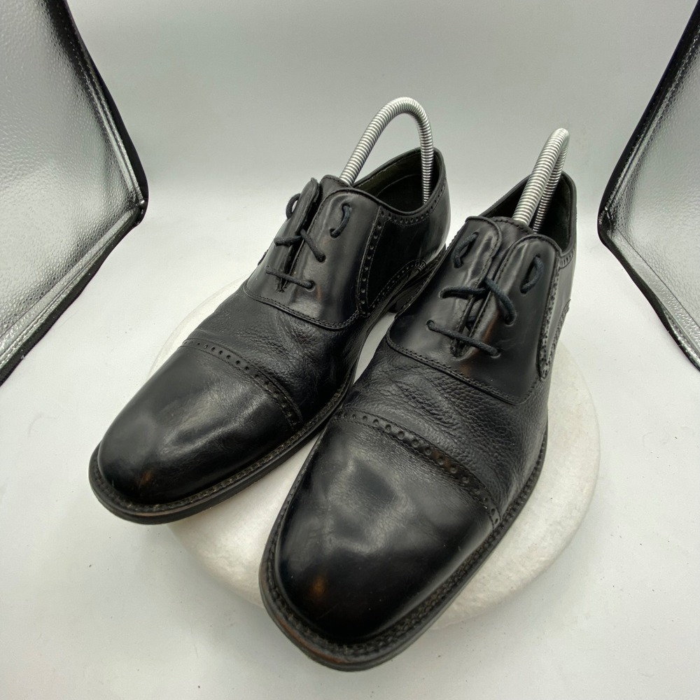 Johnston & Murphy Mens 10.5 D Oxford Shoes Black Leather Cap Toe Brogue 18467